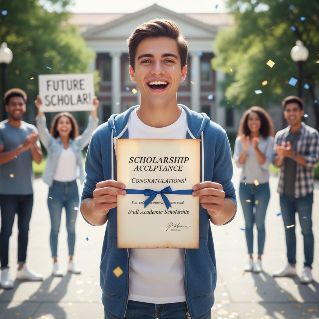 A smiling young man holds a scholarship acceptance letter in front of a cheering group of students on a university campus.