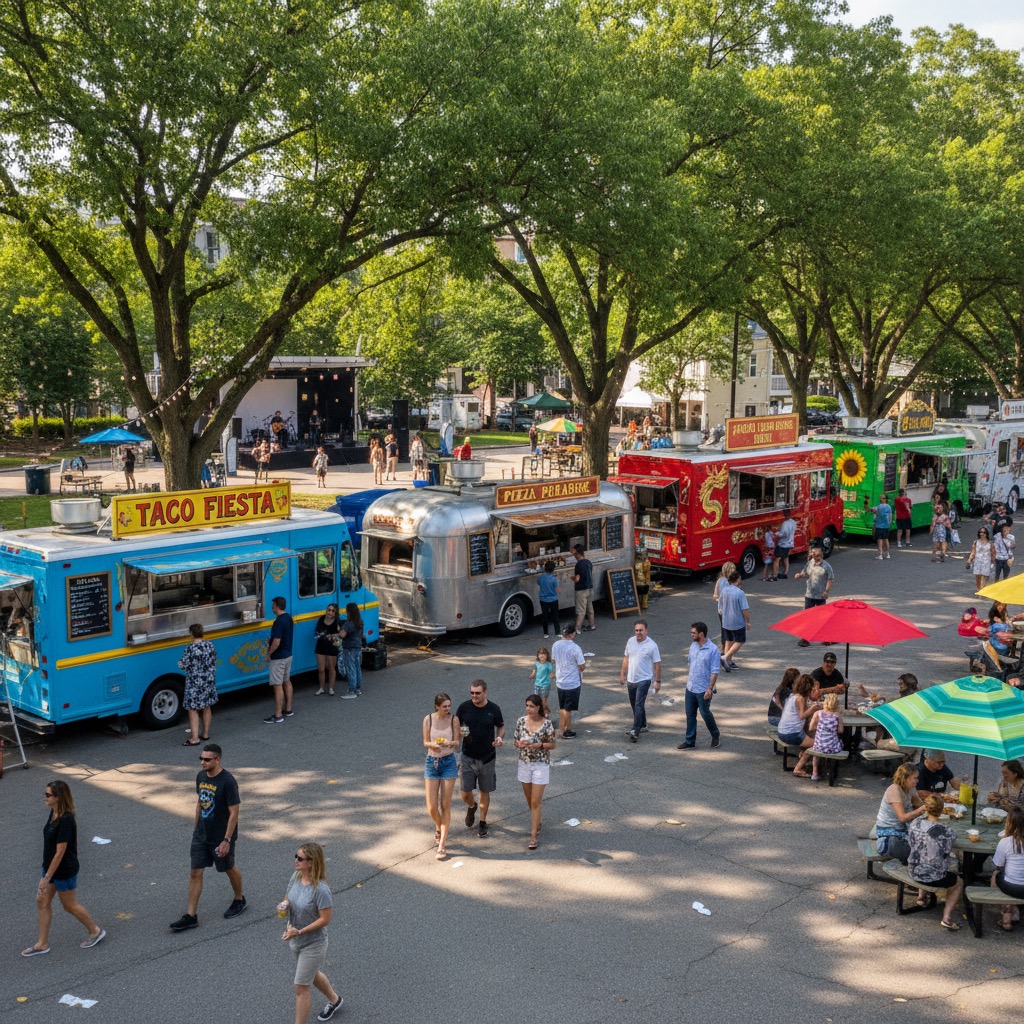 People walk between colorful food trucks and outdoor seating areas in a tree-lined park during a sunny festival.