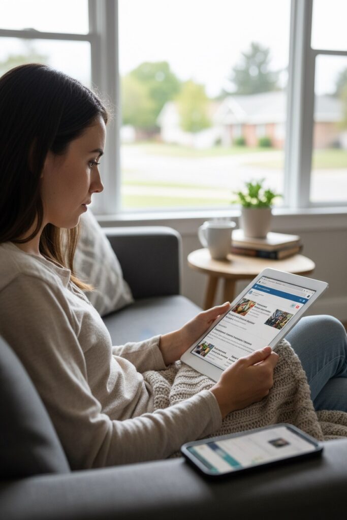 A woman sits on a couch by a window while reading a news website on a tablet.