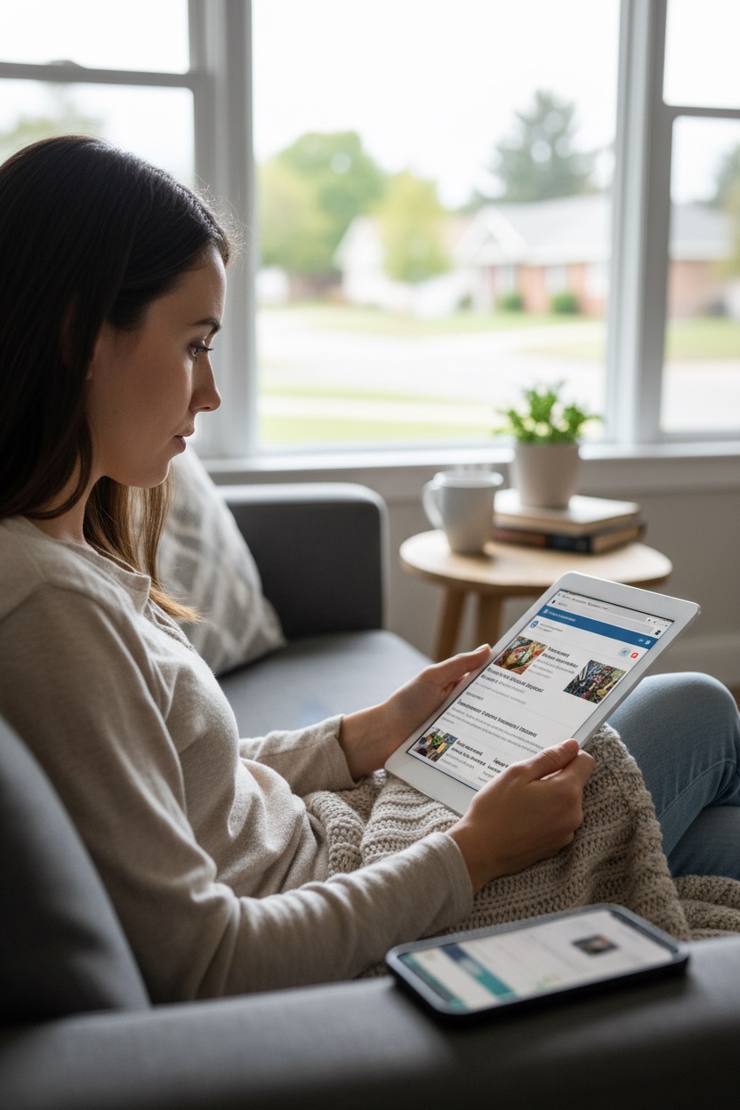 A woman sits on a couch by a window while reading a news website on a tablet.