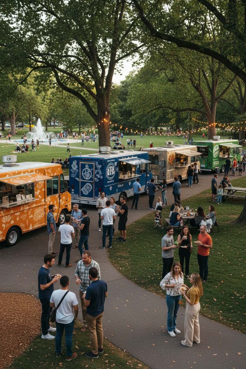 People gather and socialize near a row of colorful food trucks parked on a paved path in a park with large trees and a fountain.